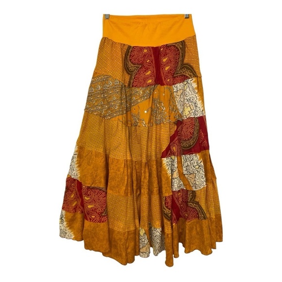 RECYCLED PARADISE SKIRT colors of yellow, red, cream, brown. Size S/M - Picture 4 of 14